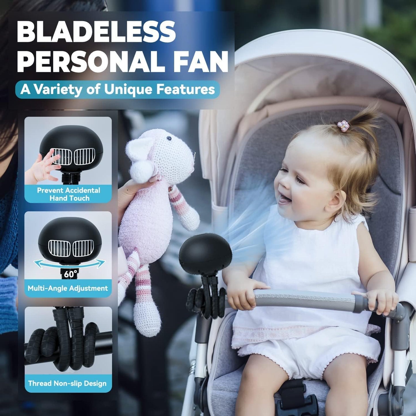 Portable Desk Fan, 3-Speed Options Rechargeable Battery Operated Clip on Stroller Fan, Flexible Tripod USB Powered Mini Handheld Fan for Student Bed Desk Bike Crib Baby Stroller Office Outdoor Travel