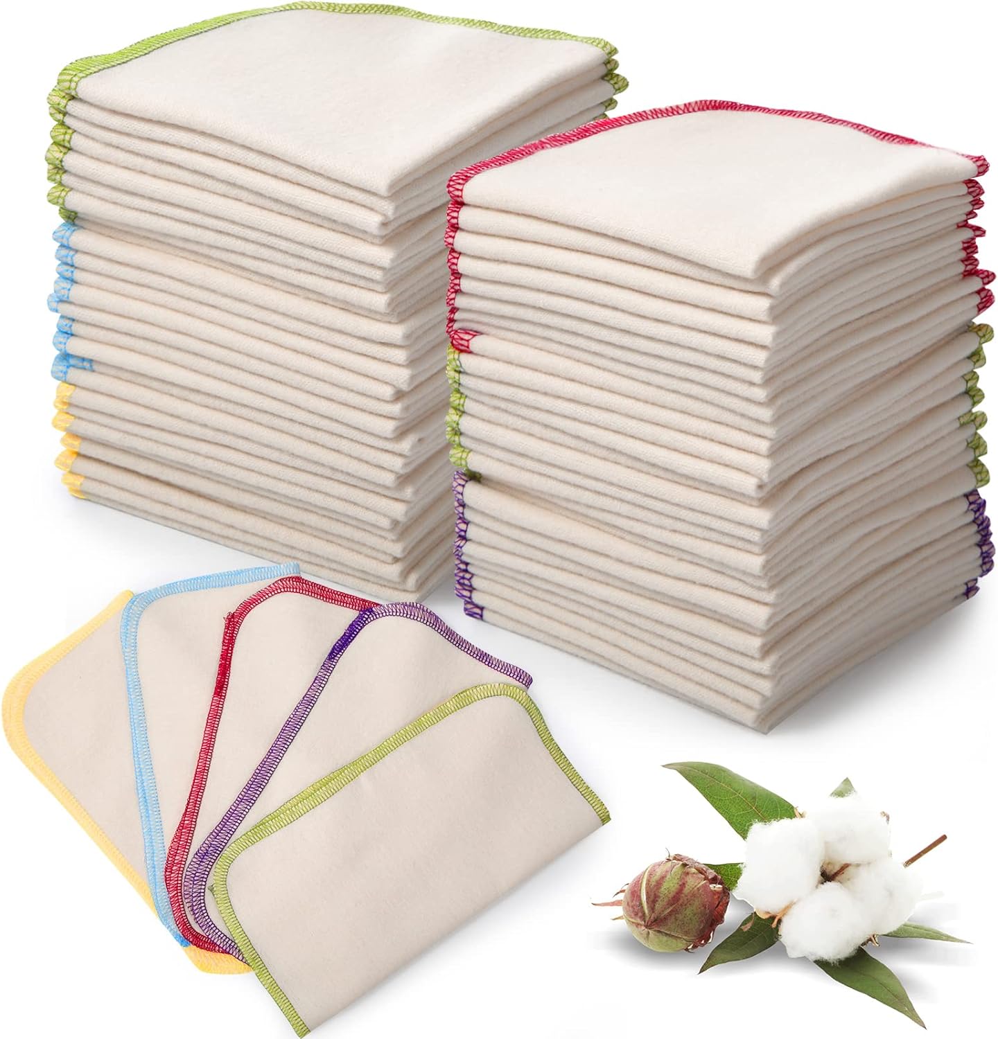 Mimorou 45 Pcs Flannel Cloth Baby Wipes Reusable Baby Diapers Wipes Washable Natural Unbleached Baby Face Wipes Soft and Sturdy Cloth Wipes 5 Colors Outer Stitching 8 x 8 Inches, 1.0 Count
