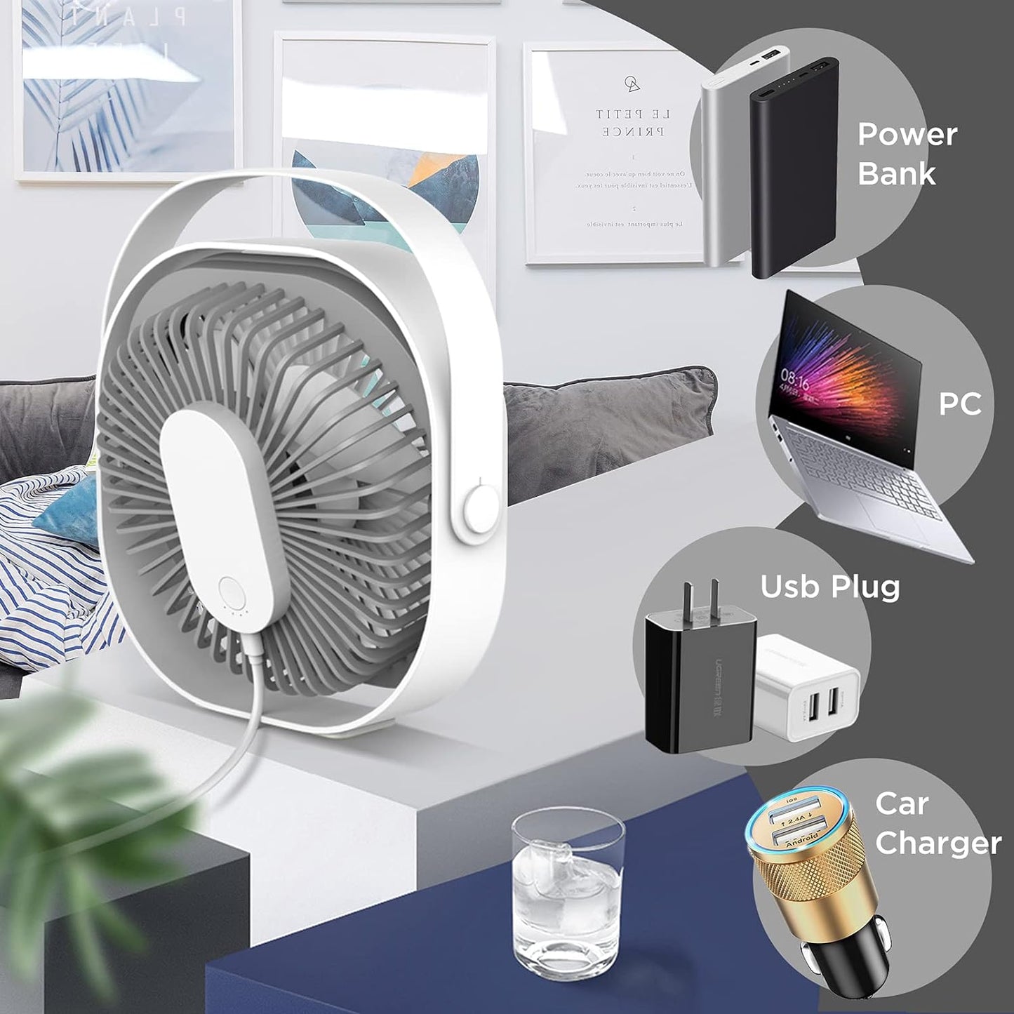 WD&CD 6 Inch USB Desk Fan, 4000mAh Handheld Fan Rechargeable Portable Fan wit handle, 3 speeds Wind, Quiet Fan, 360° Adjustable Swivel -White