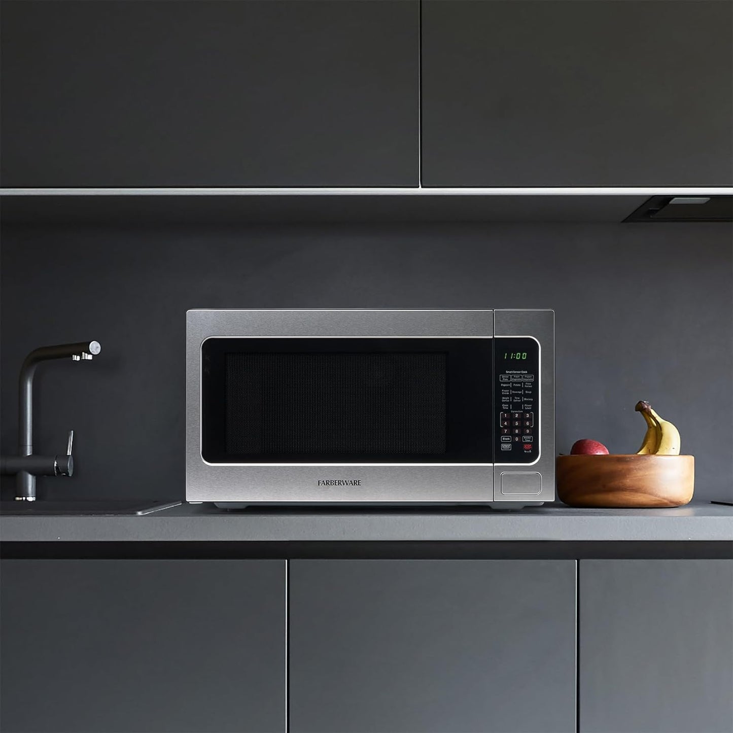Farberware Countertop Microwave 1100 Watts, 2.2 cu ft - Smart Sensor Microwave Oven With LED Lighting and Child Lock - Perfect for Apartments and Dorms - Easy Clean Black Interior, Stainless Steel