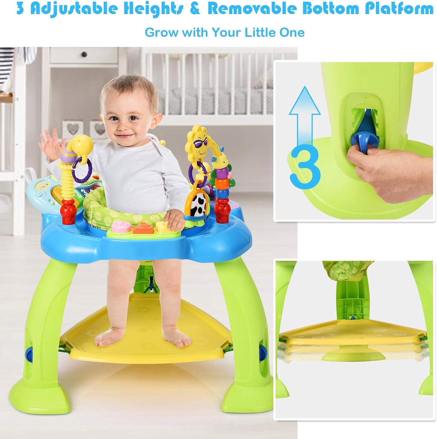 BABY JOY 2-in 1 Infant Activity Center, Baby Jumper w/360-Degree Rotating Seat, 3 Adjustable Height, Lights, Music, Piano, Toys, Sit-to-Stand Interactive Station for 6-36 Months