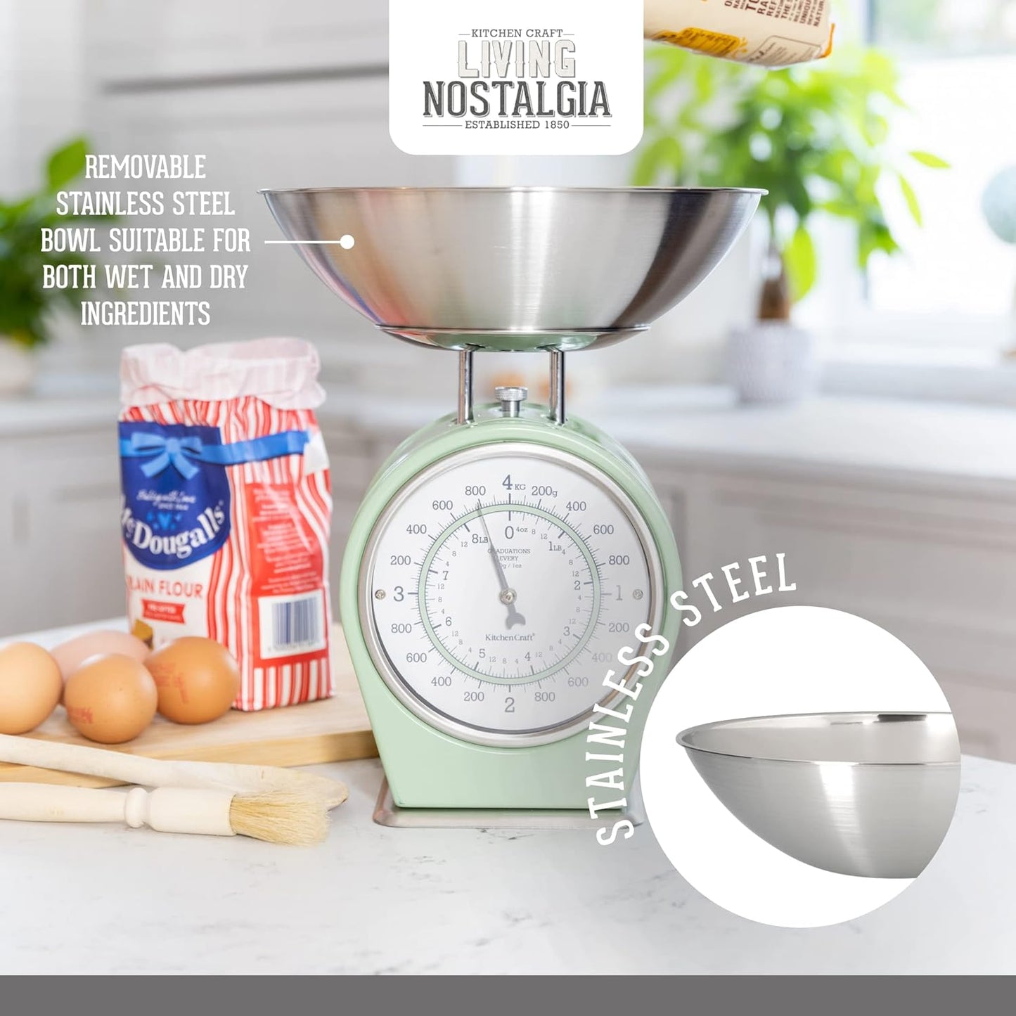 KitchenCraft Living Nostalgia Mechanical Kitchen Scales, 4 kg (8 lbs) - English Sage