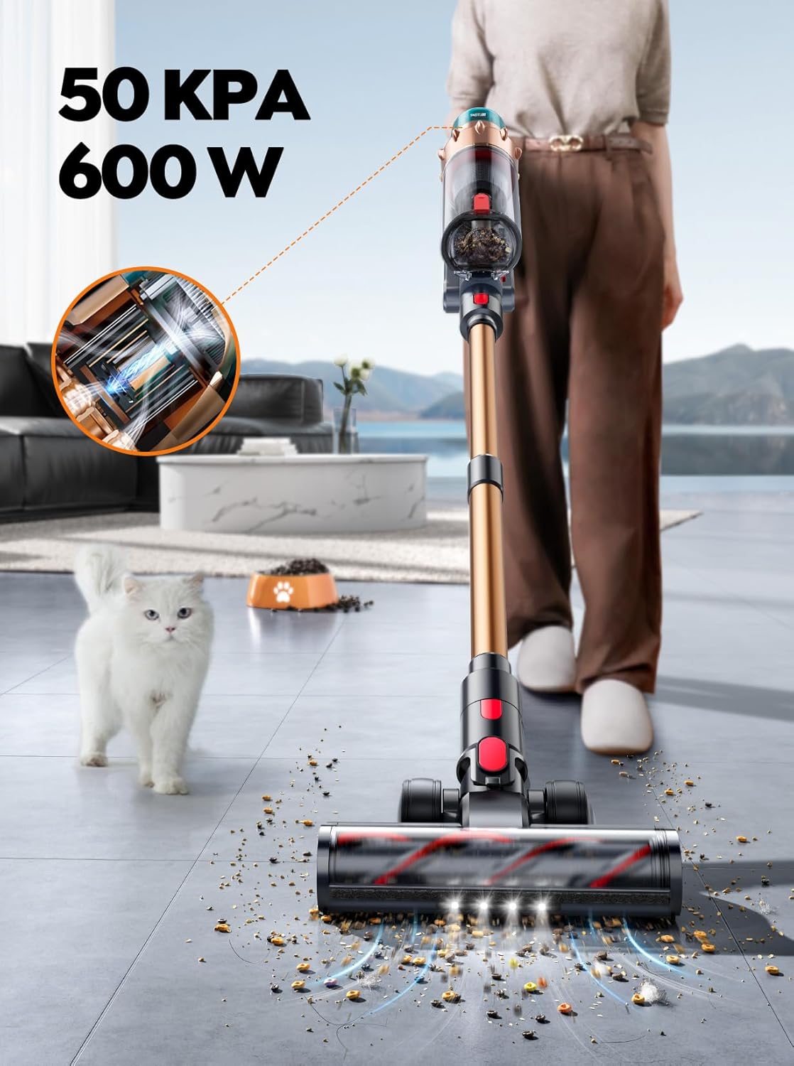 Cordless Vacuum Cleaner, 50KPA 600W, 65Mins Runtime, Self-Standing Stick Vacuum with Aroma Function, Auto Mode, Wall Charging, Touchscreen, Anti-Tangle Vacuum Cleaner for Pet Hair/Hardfloor/Carpet