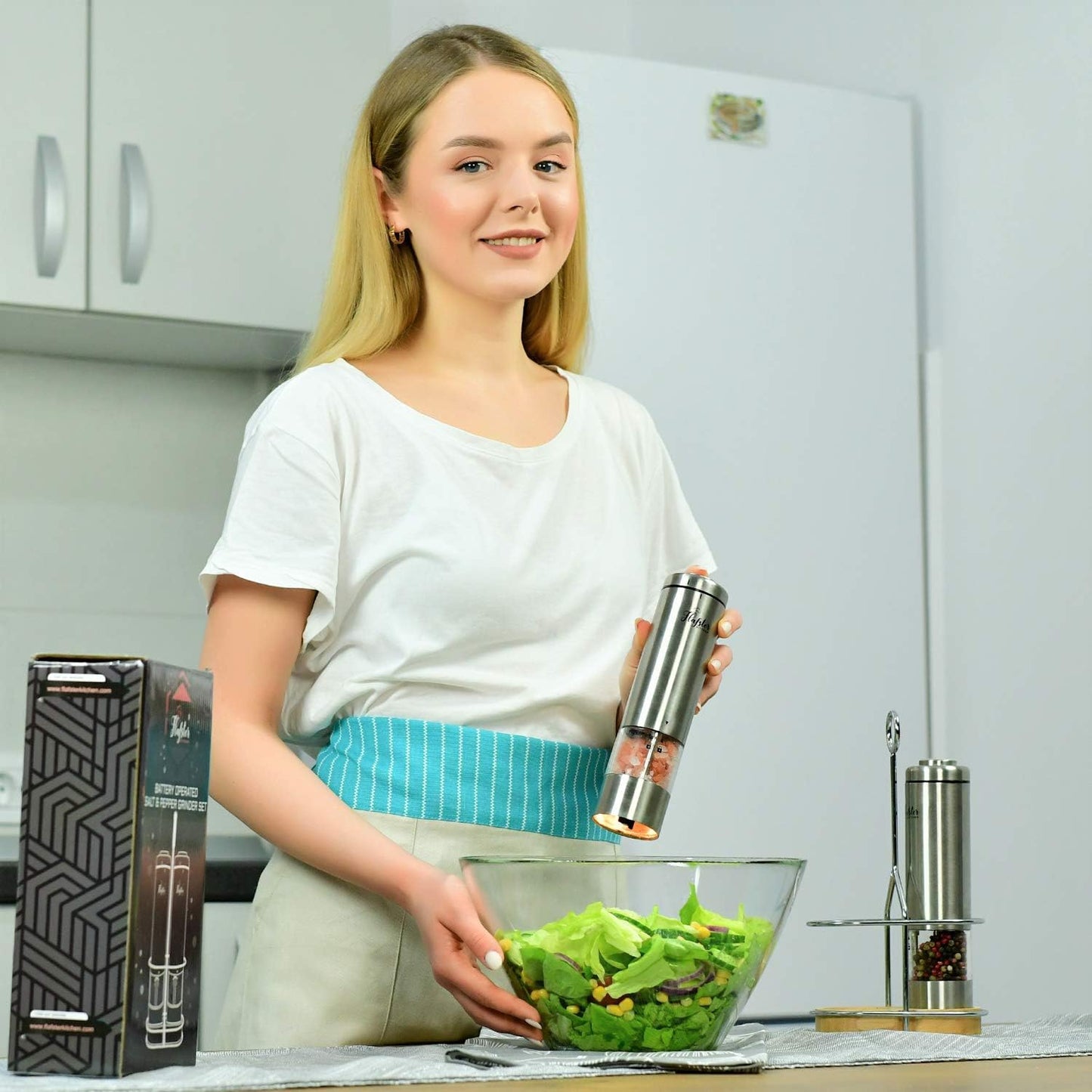 Jovial Kitchen Battery Operated Salt And Pepper Grinder Set- Electric Stainless Steel Salt&Pepper Mills - Tall Power Shakers with Stand - Grinders with LED lights and Adjustable Ceramic Coarseness