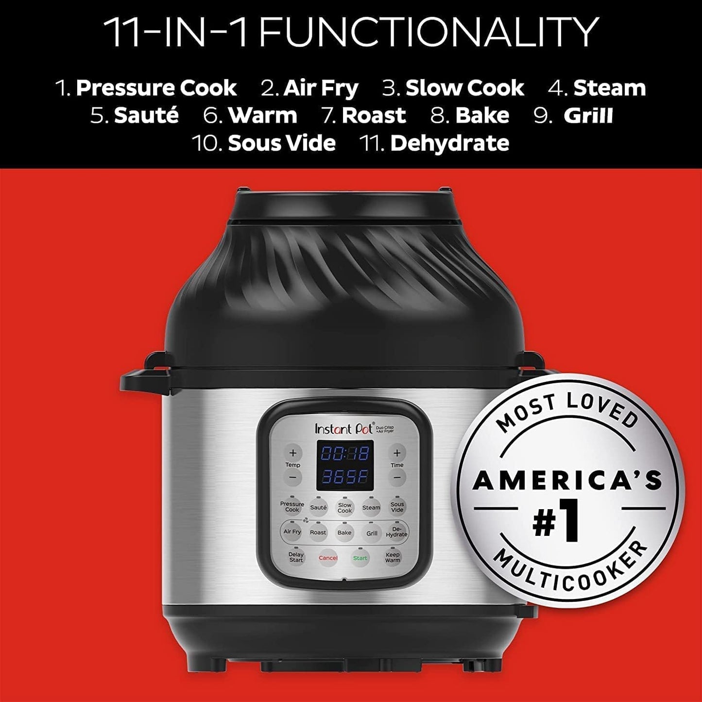 Instant Pot Duo Crisp + Air Fryer 11-in-1 Multicooker, 8L - Pressure Cooker, Air Fryer, Slow Cooker, Steamer, Sous Vide Machine & Baking Functions & Genuine Tempered Glass lid, Clear 10 in. 8 Quart