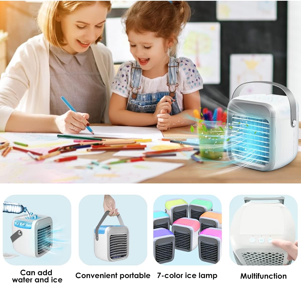 Portable Air Cooler, Rechargeable Evaporative Air Conditioner Fan with 3 Speeds 7 Colors, 3 in 1 Air Cooler with Water Tank, Cordless Personal Air Cooler with Handle for Home, Office and Room