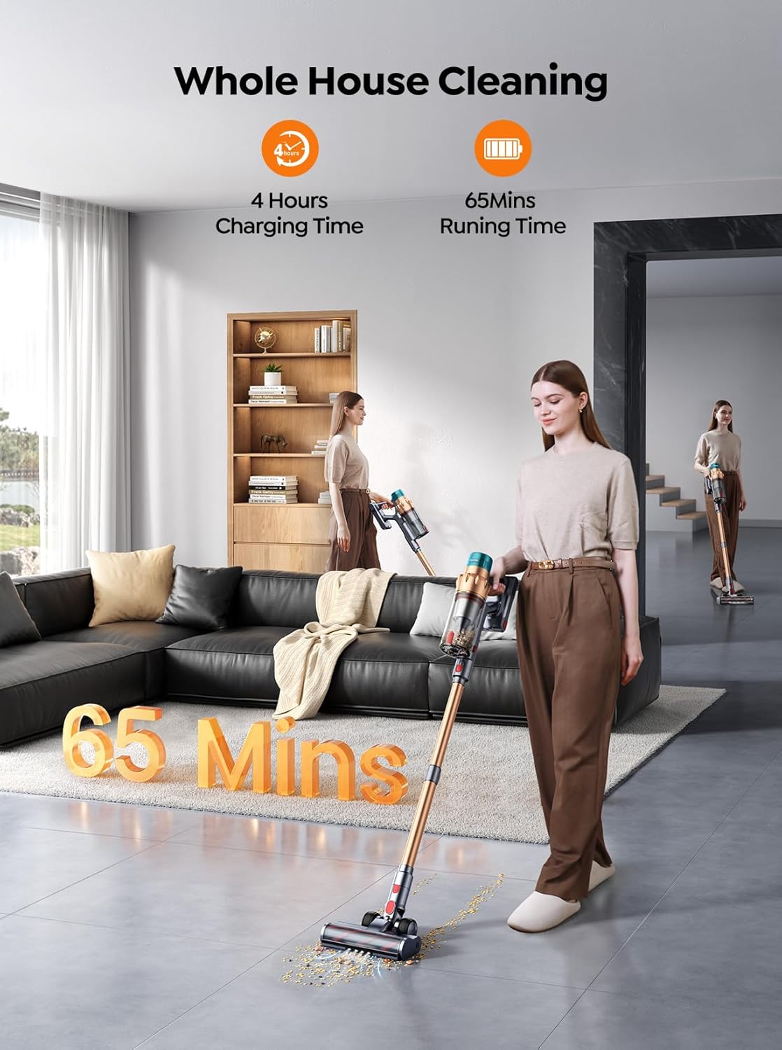 Cordless Vacuum Cleaner, 50KPA 600W, 65Mins Runtime, Self-Standing Stick Vacuum with Aroma Function, Auto Mode, Wall Charging, Touchscreen, Anti-Tangle Vacuum Cleaner for Pet Hair/Hardfloor/Carpet