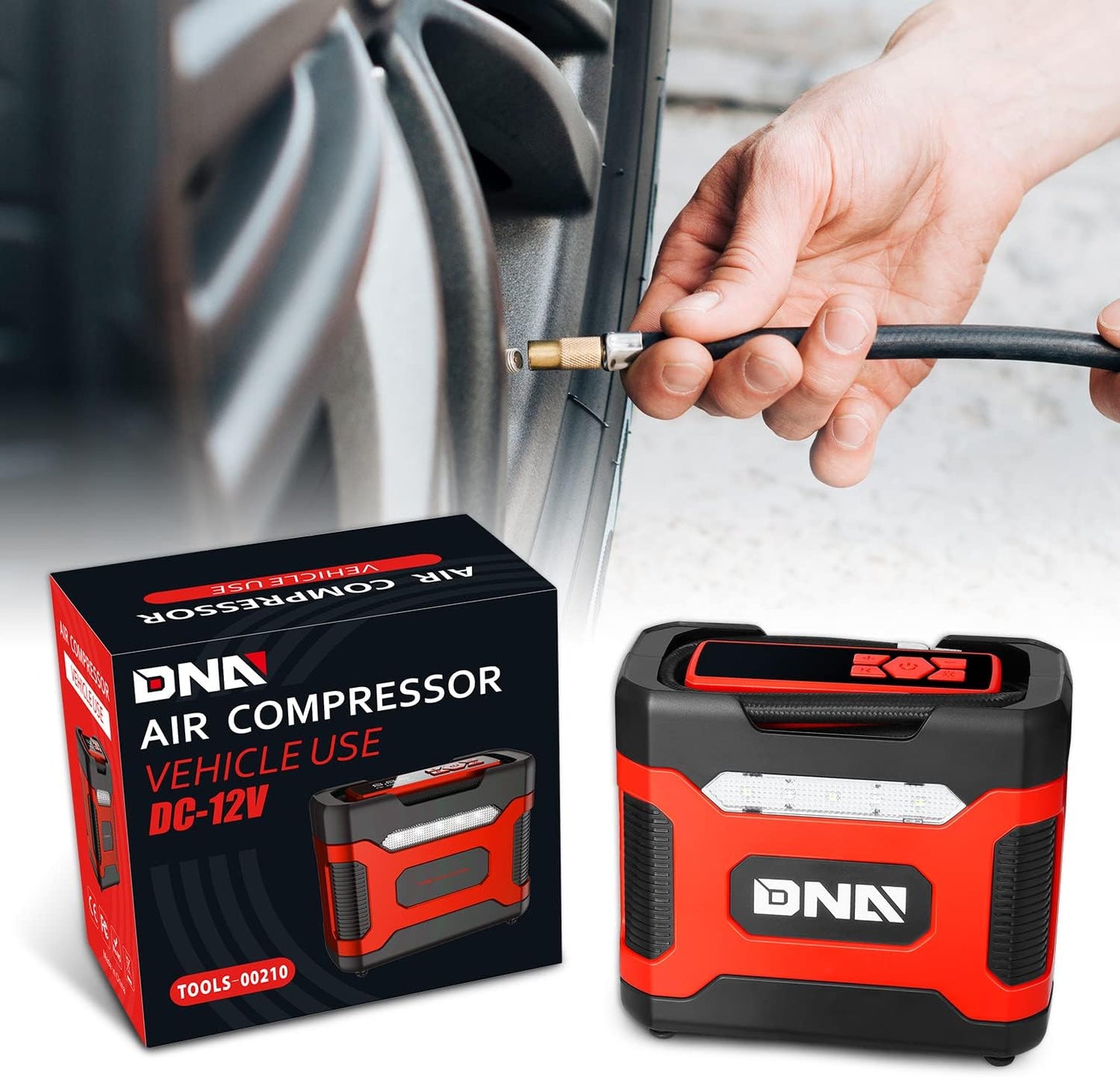 DNA MOTORING TOOLS-00210 Red 12V DC Digital Tire Inflator Portable Air Compressor with Pressure Gauge for Cars, Bicycles, Motorcycles,Balls