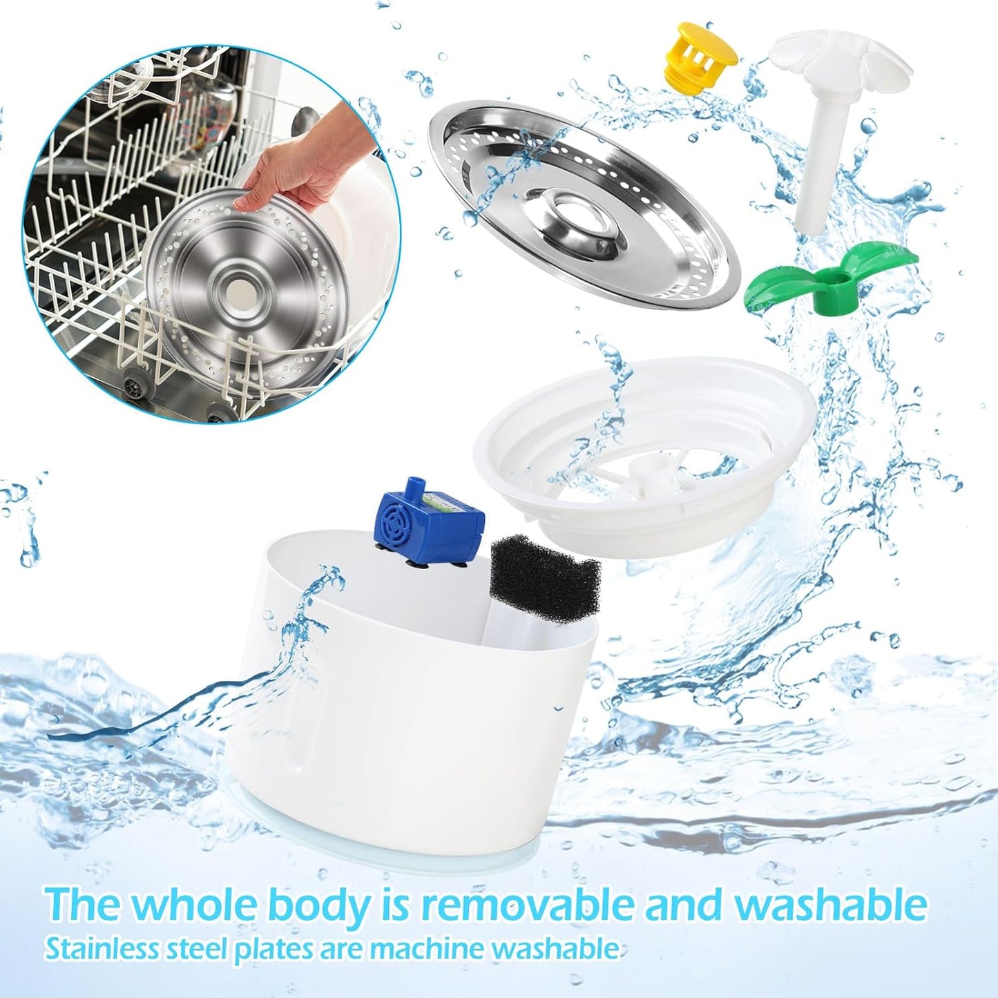 GeeRic Cat Fountain, 2.4 L Pet Fountain with Ultra Silent Pump, Built-in LED Light, Activated Carbon Filter, with Stainless Steel Bowl, Replacement Nozzle