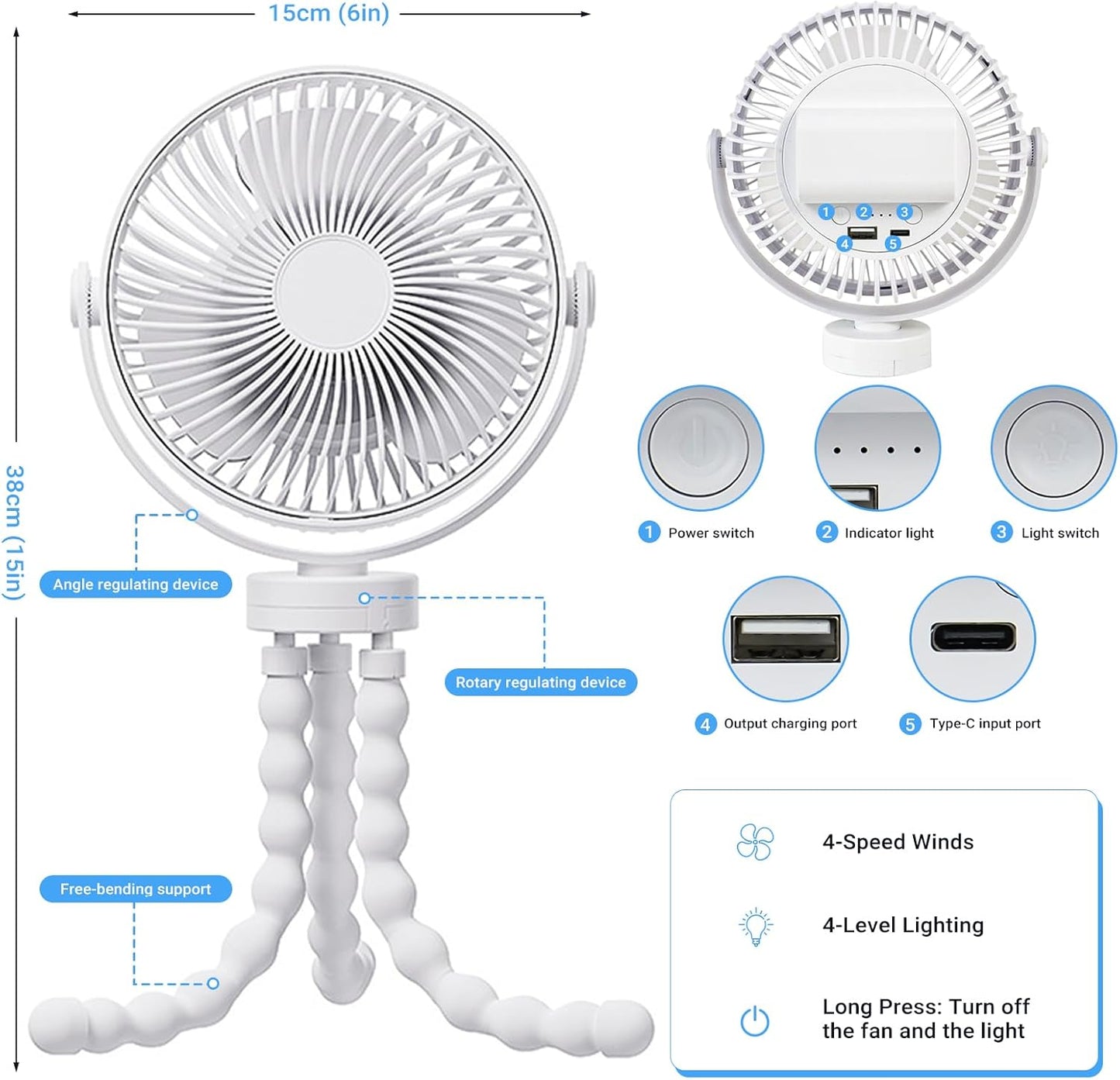 USOR Pram Fan, 4 Speed Portable Clip on Stroller Fan for Baby5000mAh Battery Operated Personal Desk Fans with Flexible Tripod Mini Handheld Usb Fan Rechargeable for Car Seat Treadmill Camping Black