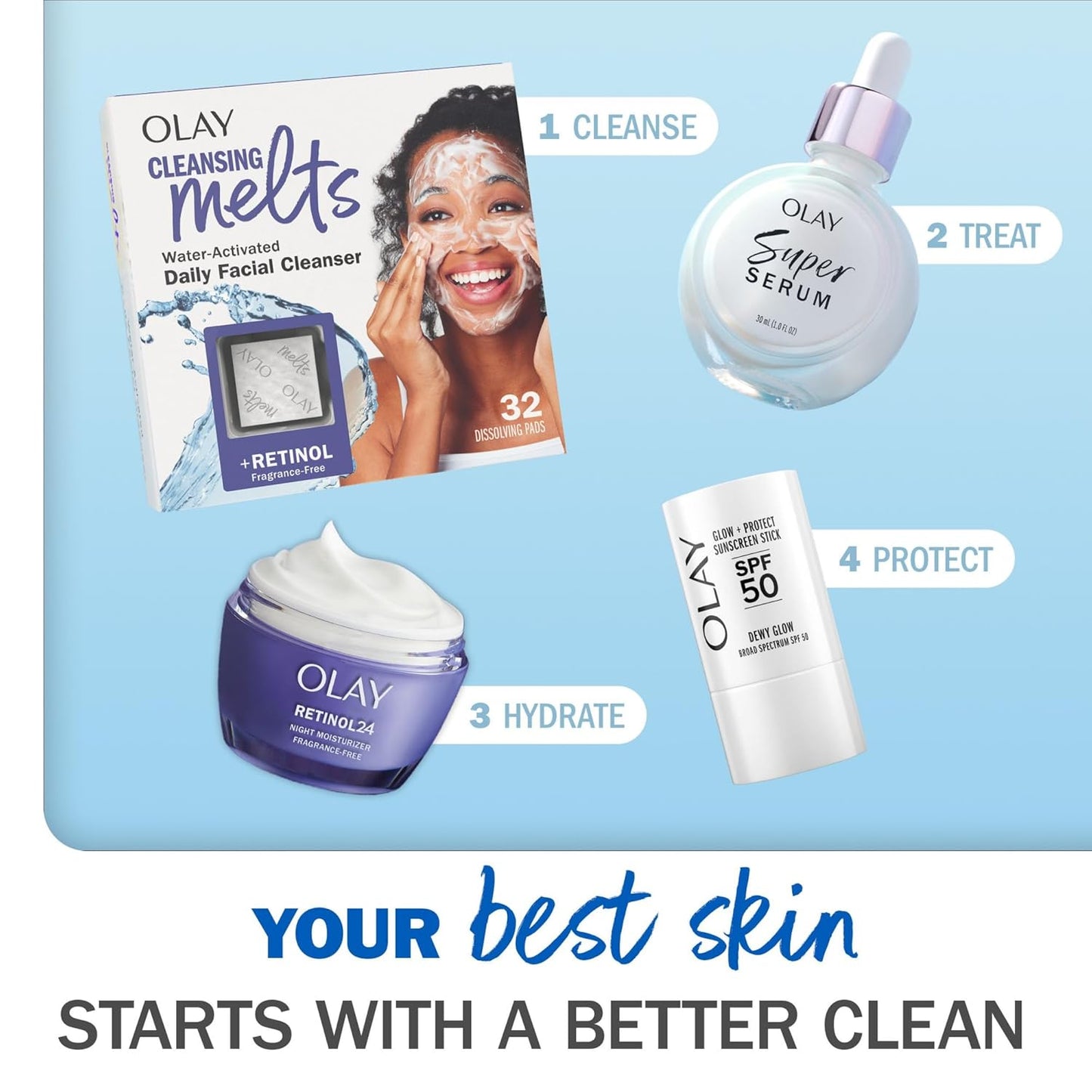 Olay Cleansing Melts + Retinol Face Cleanser, 64 ct. total (2 x 32 ct.), Water-Activated Face Wash to Clean, Tone, and Refresh