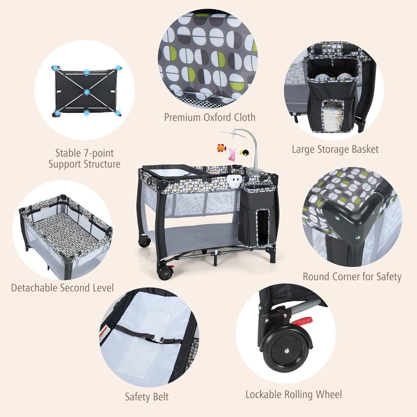 3 in 1 Baby Playard, Convertible Playpen Baby Bassinet w/ Changing Table, Grey