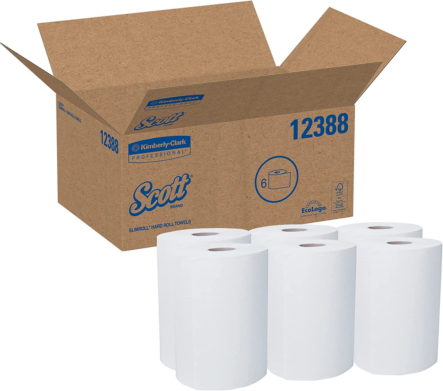 Scott Slimroll Hard Roll Paper Towels (12388) with Fast-Drying Absorbency Pockets, White, 6 Rolls / Case, 580' / Roll