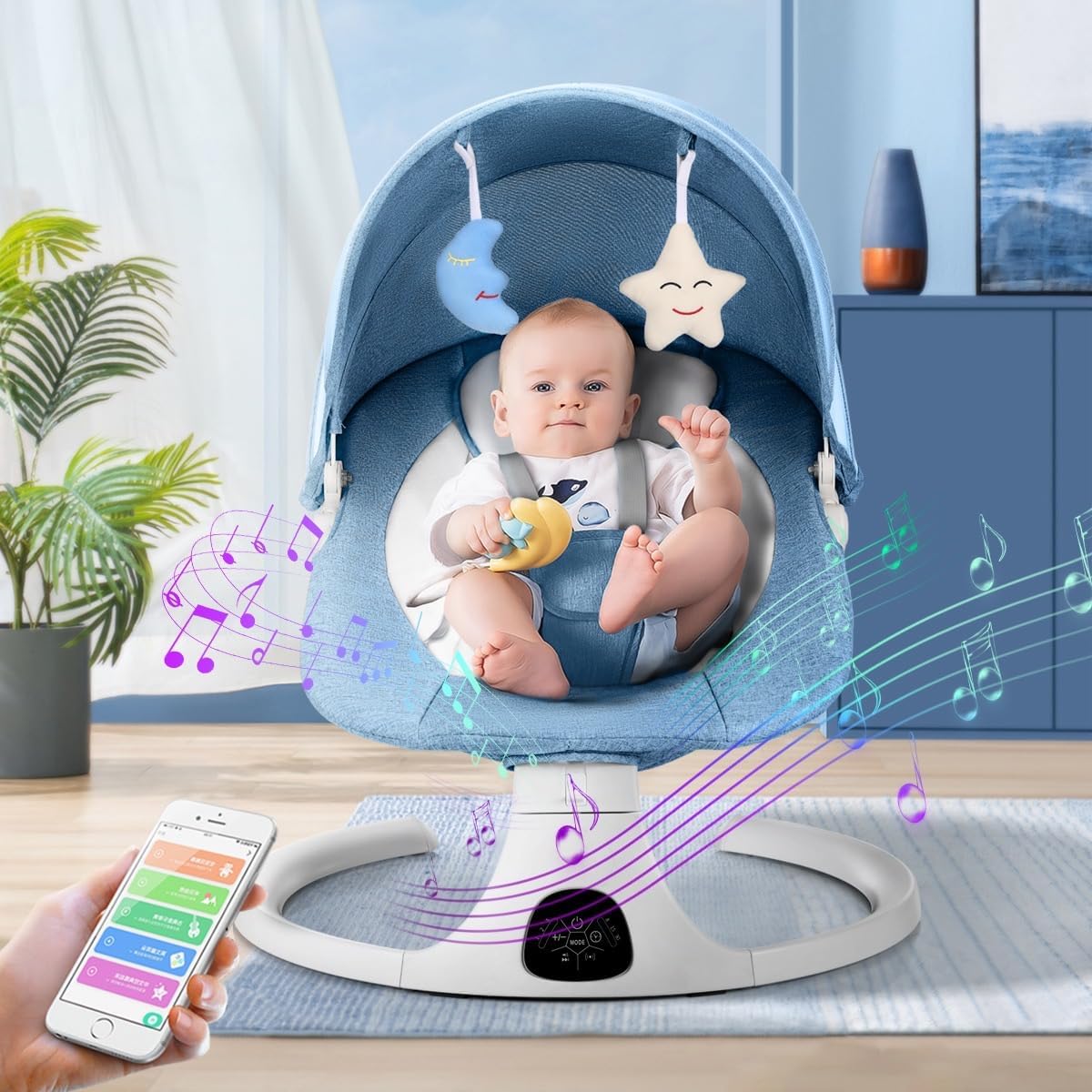 Baby Swing for Infants to Toddler, Portable Baby Rocker Swinger for Newborn Boy and Girls Outdoor Indoor with Plate,5 Swing Speeds Bluetooth Remote Control Music Speaker Lullaby Blue