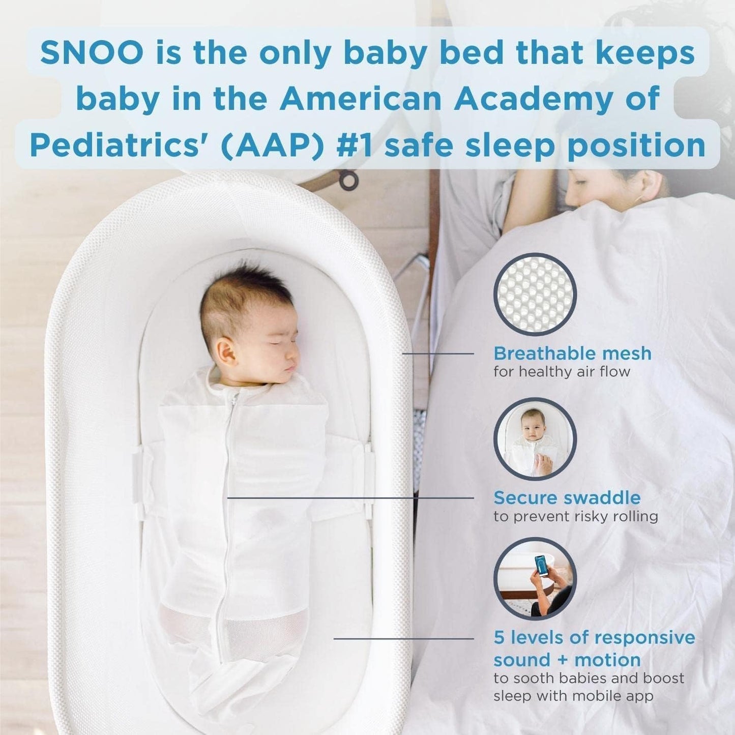 Smart Sleeper Baby Bassinet - Bedside Crib with Automatic Rocking Motions and Soothing White Noise - Ideal for Newborn Babies to 6 Months - Natural Sleep Training