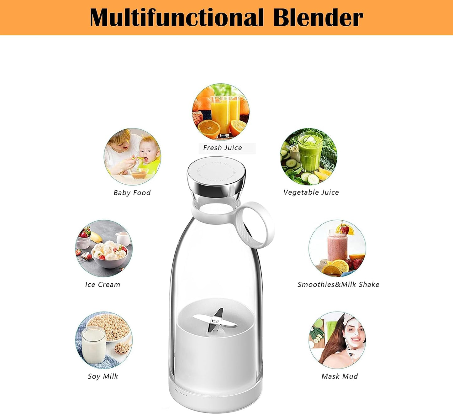 Personal Size Blender, Portable Blender, Battery Powered USB Blender (White)