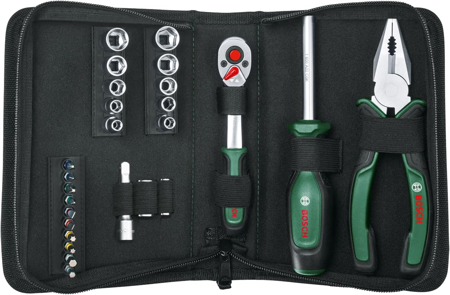 Bosch Home & Garden Mobility Hand Tool Set 26-Piece (Compact and Portable Tool Kit for DIY Tasks; Optimal Choice on the Road; 1/4" Ratchet; Combination Pliers; Universal Screwdriver; in Fabric Bag)