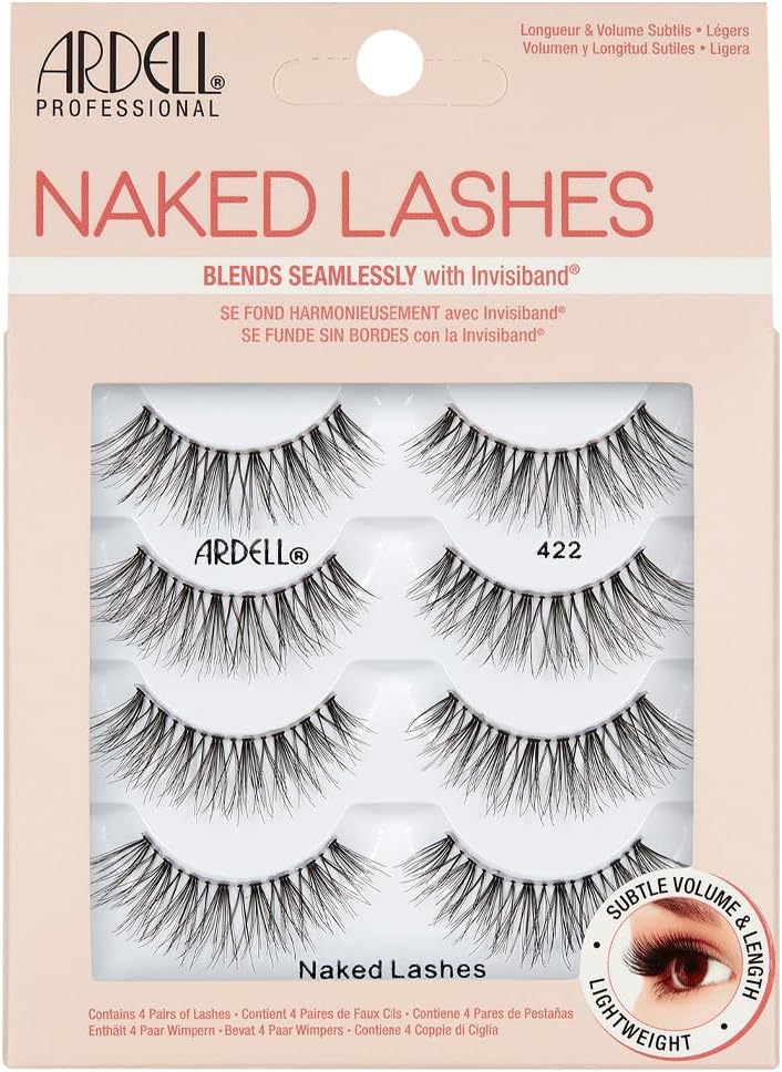Ardell False Eyelashes Naked Lash 422 4 Pairs Multipack Black Natural Lashes per Soft Comfortable Invisiband Mid-Length With Wispies Vegan-Friendly Cruelty-Free