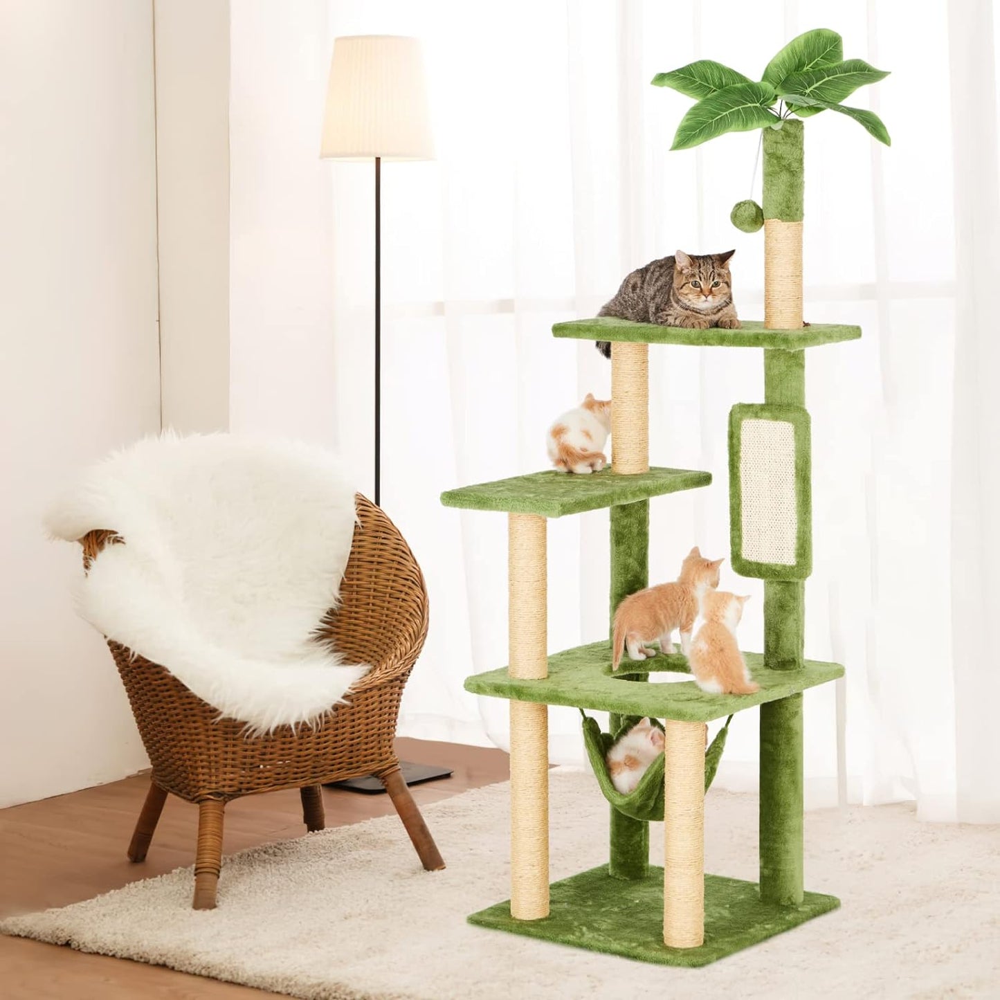 TSCOMON 55" Cat Tree for Indoor Cats with Green Leaves, Multi-Level Large Cat Tower with Hammock, Plush Cat House with Hang Ball Toy and Cat Sisal Scratching Posts Furniture, Green
