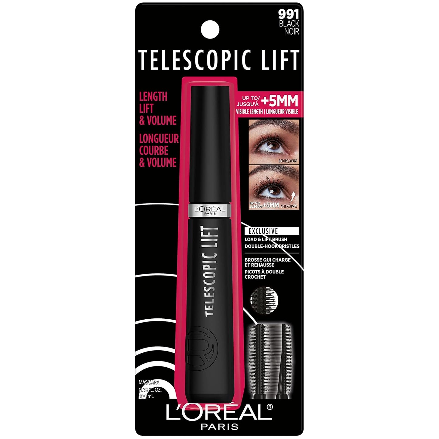LOREAL Mascara, Lengthening and Volumizing Eye Makeup, Lash Lift with Up to 36HR Wear, Black, 0.33 Fl Oz