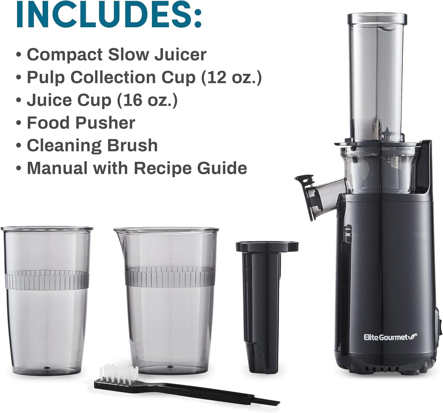 Elite Gourmet EJX600 Compact Masticating Slow Juicer, Cold Press Juice Extractor, Nutrient and Vitamin Dense, Easy to Clean, 16 oz Juice Cup