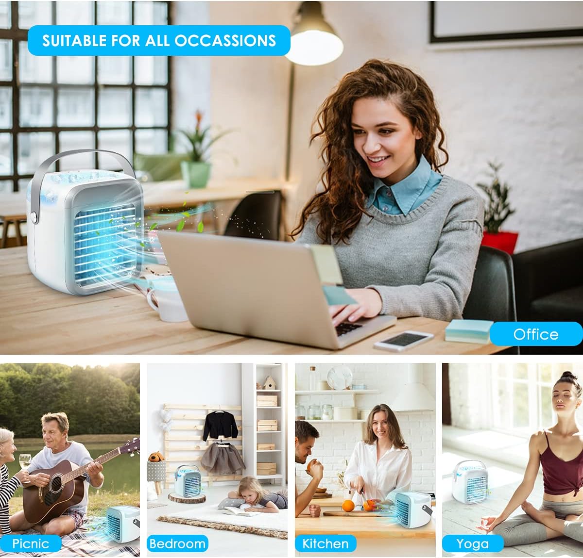 Portable Air Cooler, Rechargeable Evaporative Air Conditioner Fan with 3 Speeds 7 Colors, 3 in 1 Air Cooler with Water Tank, Cordless Personal Air Cooler with Handle for Home, Office and Room