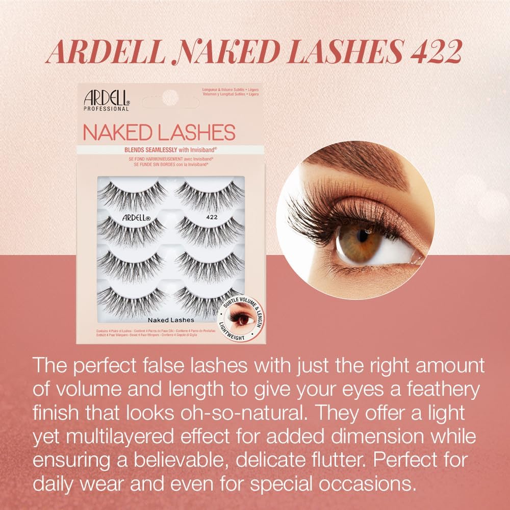 Ardell False Eyelashes Naked Lash 422 4 Pairs Multipack Black Natural Lashes per Soft Comfortable Invisiband Mid-Length With Wispies Vegan-Friendly Cruelty-Free