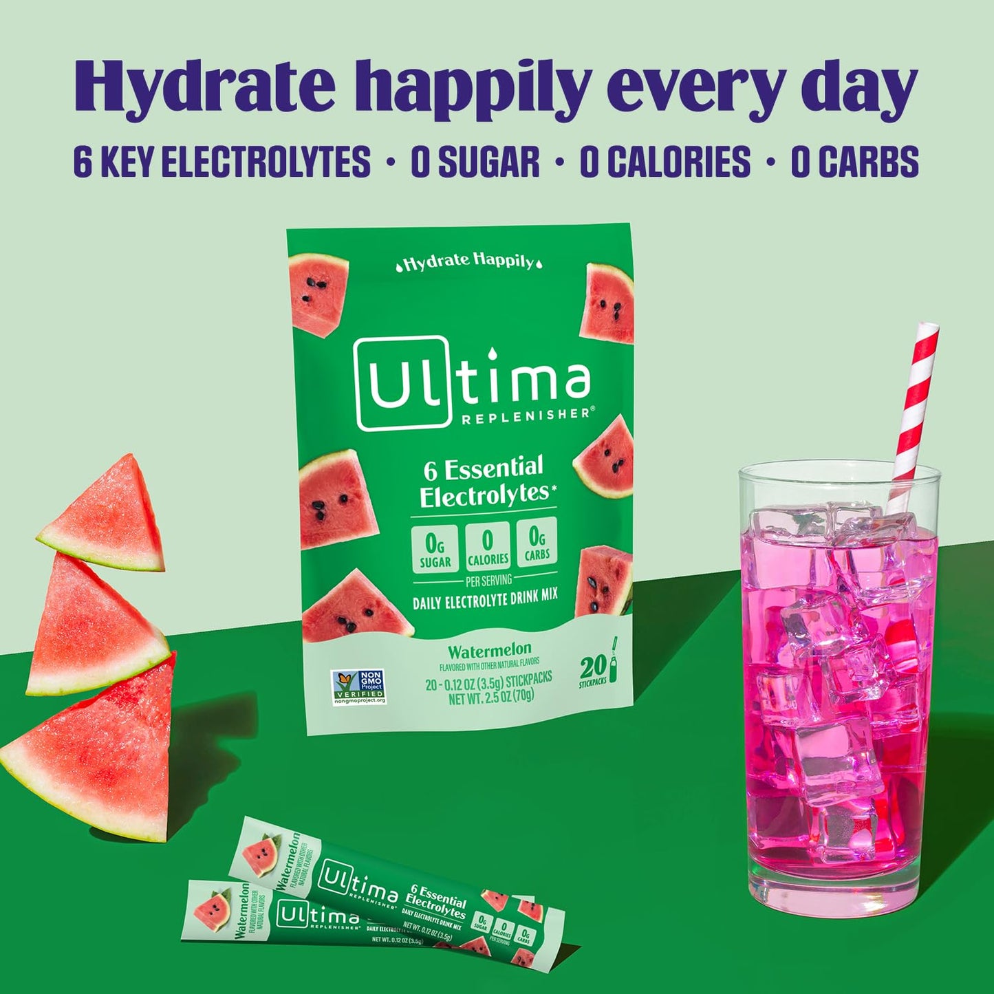 Ultima Replenisher Daily Electrolyte Drink Mix – Watermelon, 20 Stickpacks – Hydration Packets with 6 Electrolytes & Trace Minerals – Keto Friendly, Vegan, Non-GMO & Sugar-Free Electrolyte Powder