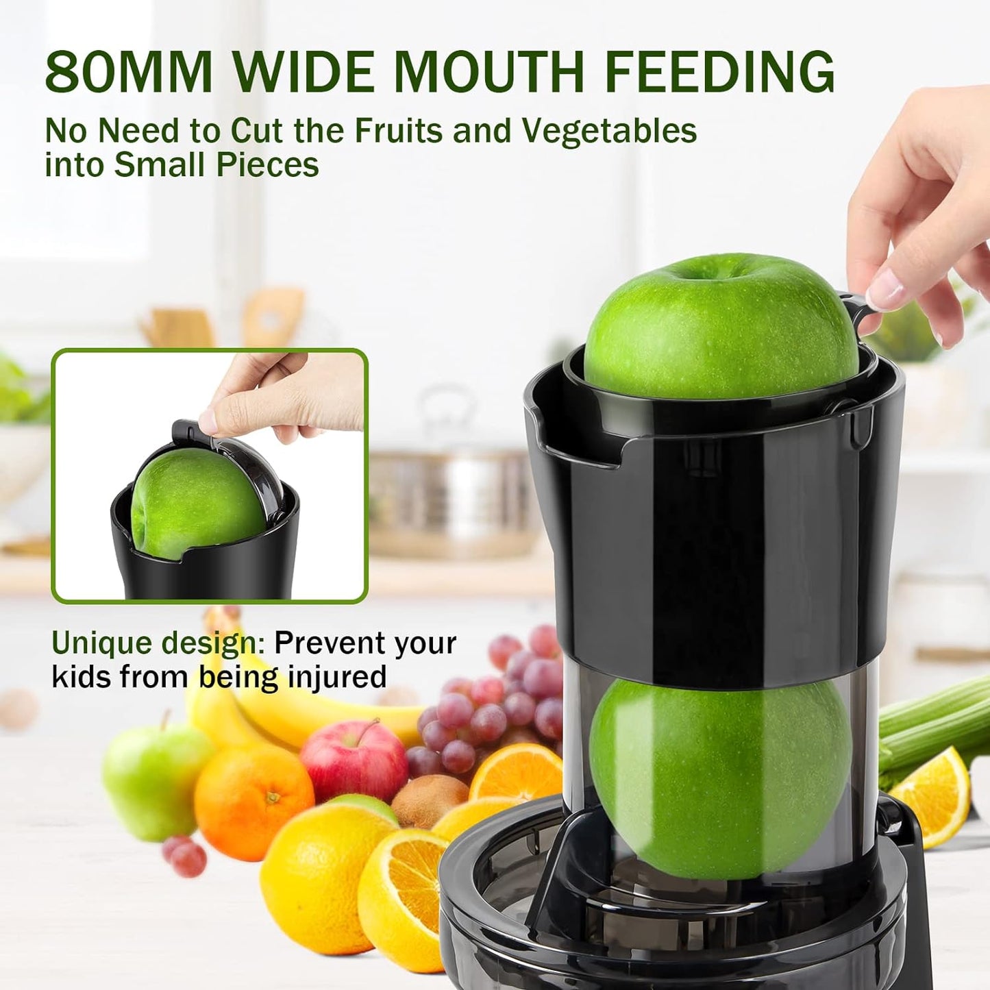 Masticating Juicer Machine for Whole Fruits and Vegetables, Cold Press Slow Juicer with Wide Mouth 80mm Feeding Chute, Reverse Function Quiet Motor Fresh Healthy Juice Extractor (Dark)