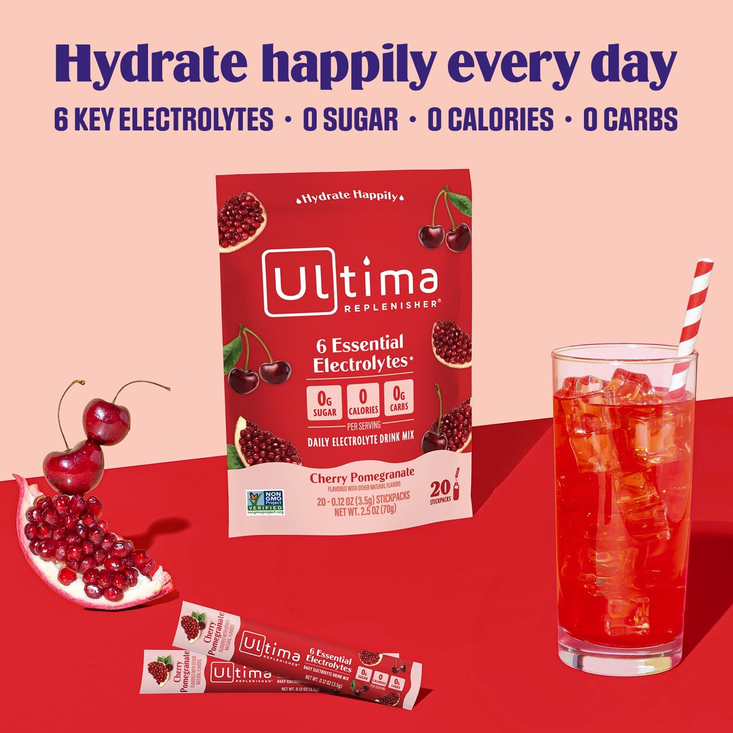 Ultima Replenisher Daily Electrolyte Drink Mix – Cherry Pomegranate, 20 Stickpacks – Hydration Packets with 6 Electrolytes & Minerals – Keto Friendly, Vegan, Non-GMO & Sugar-Free Electrolyte Powder