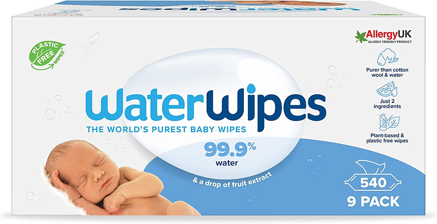 WaterWipes Original Plastic Free Baby Wipes, 540 Count (9 packs x 60 wipes)