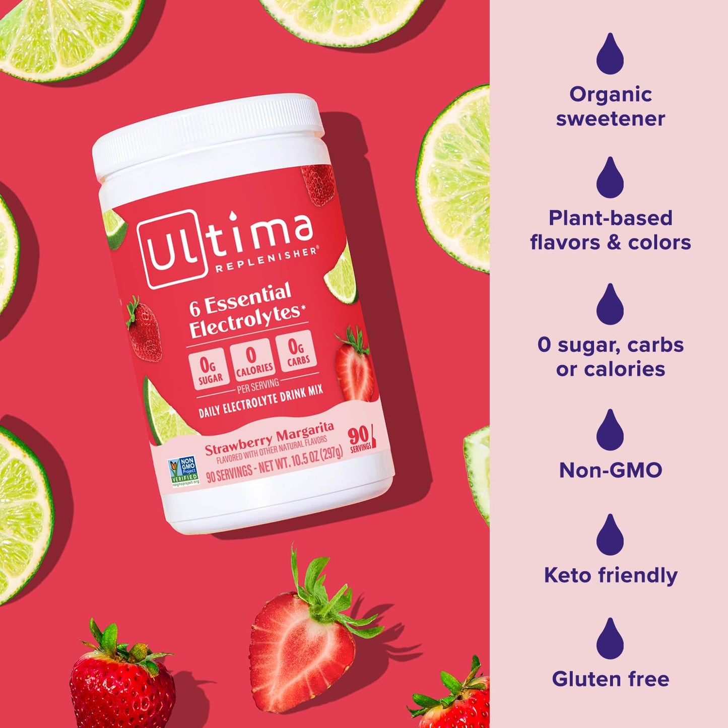 Ultima Replenisher Mocktini Electrolyte Drink Mix – Strawberry Margarita, 90 Servings – Hydration Powder with 6 Electrolytes & Trace Minerals – Keto Friendly, Non-GMO & Sugar-Free Electrolyte Powder