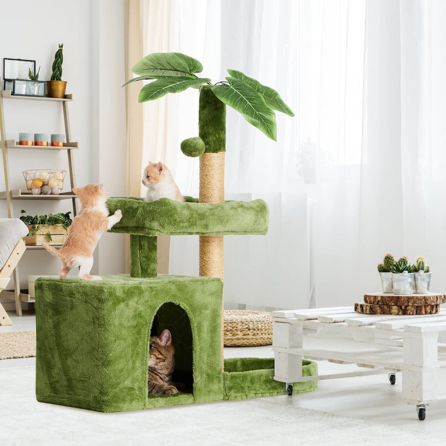 TSCOMON 31.5'' Cat Tree Cat Tower for Indoor Cats with Green Leaves, Cat Condo Cozy Plush Cat House with Hang Ball & Leaf Shape Design, Cat Furniture Pet House with Cat Scratching Posts, Green (CT06)