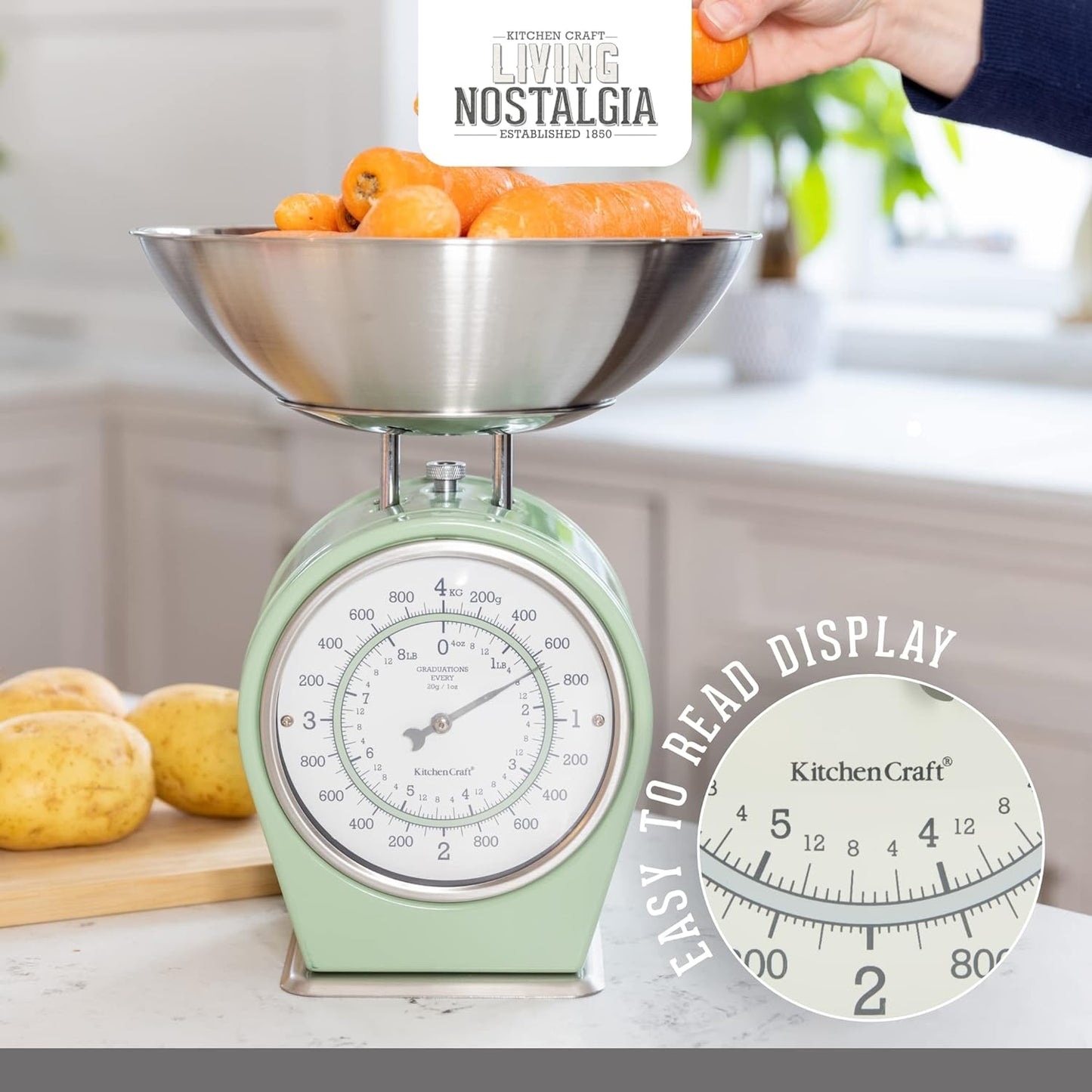 KitchenCraft Living Nostalgia Mechanical Kitchen Scales, 4 kg (8 lbs) - English Sage