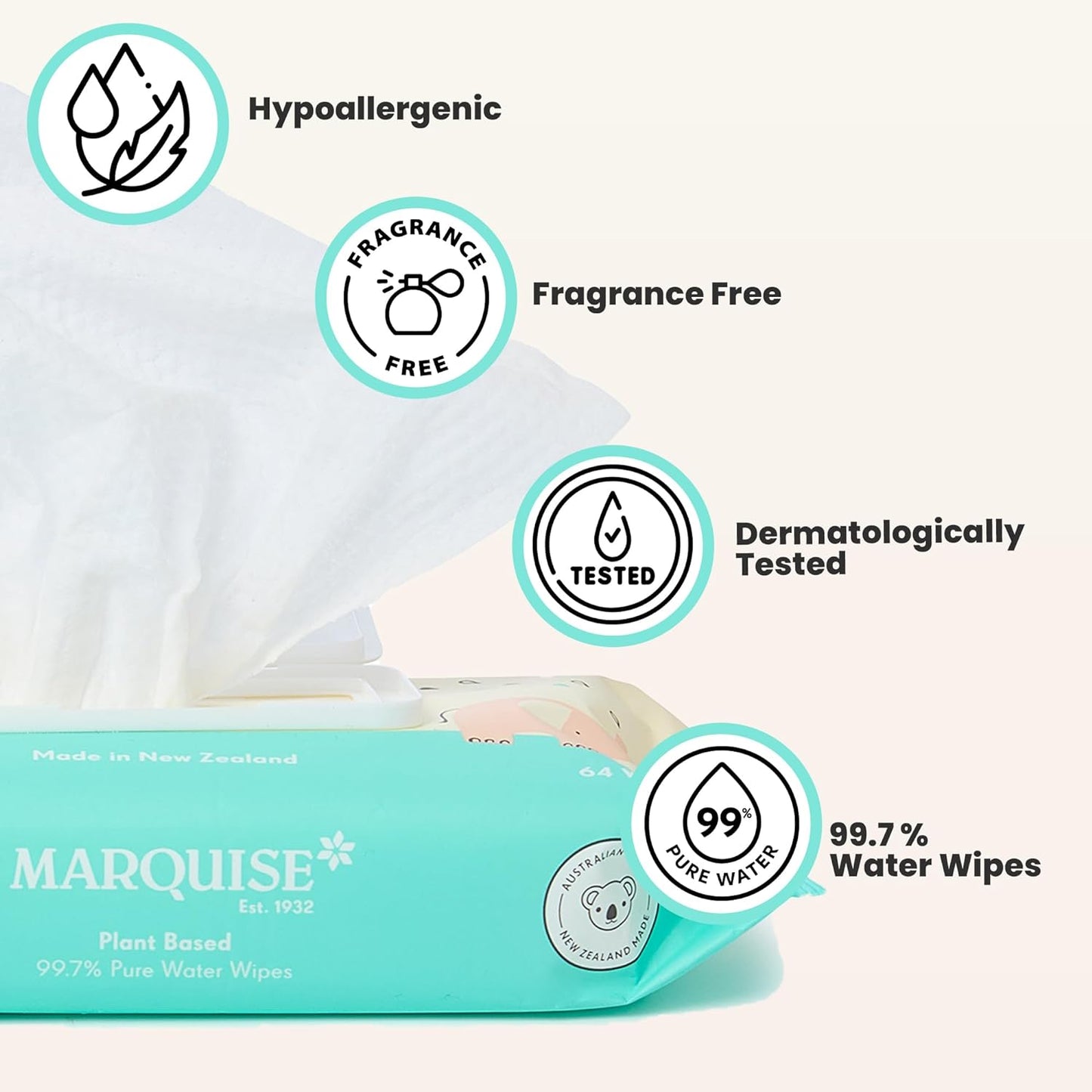 Marquise Baby Wet Wipes Biodegradable, 99.7% Water Based Wipes, 768 count (12 x 64 Pack), Frangrance Free and Hypoallergenic for Sensitive Skin and Newborns