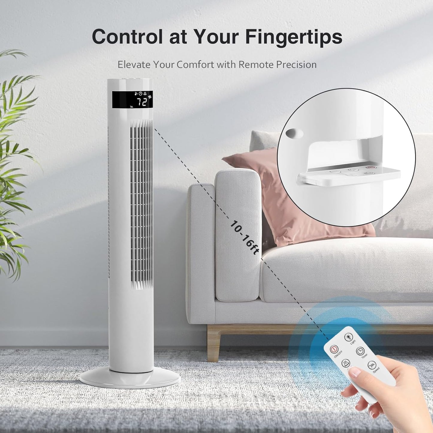 R.W.FLAME White 35" Tower Fan with Remote Control, 3 Modes, LED Display,Oscillation,Portable Floor Bladeless Fan for Bedroom Living Rooms Home Office, White