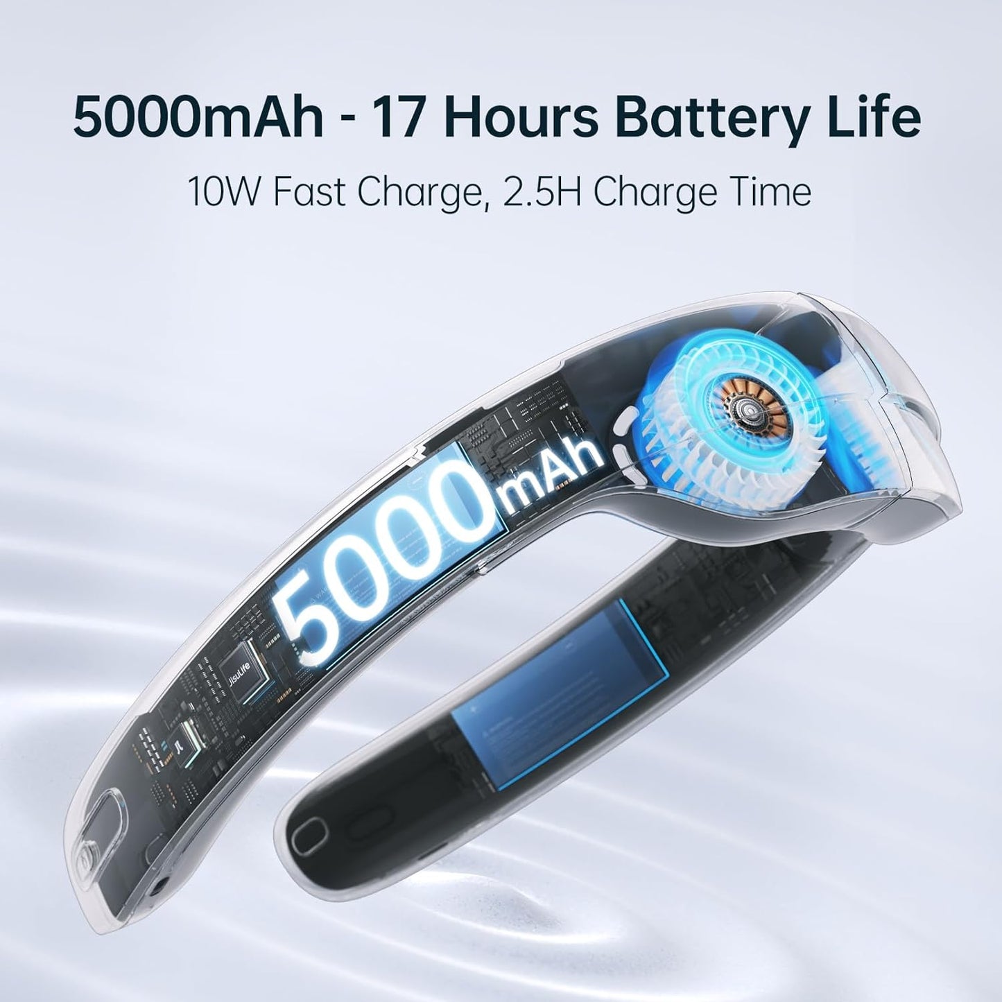 JISULIFE Portable Neck Fan Pro, 100 Speeds Bladeless Fan, Wearable Fan Stepless Knob, LED Display, 5000mAh Rechargeable Personal Fan, Mini Hands Free, USB Battery Operated Fan-Blue