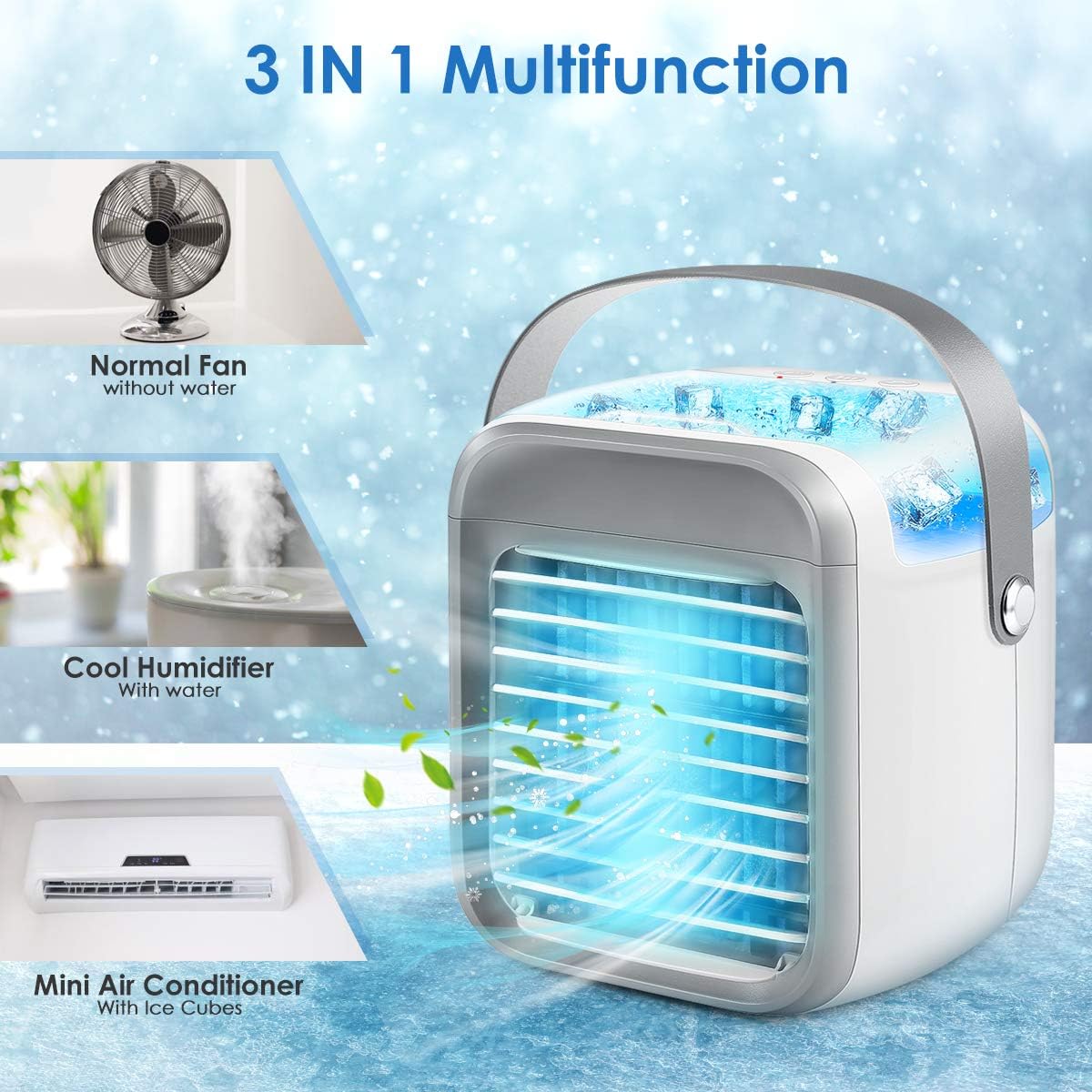 Portable Air Cooler, Rechargeable Evaporative Air Conditioner Fan with 3 Speeds 7 Colors, 3 in 1 Air Cooler with Water Tank, Cordless Personal Air Cooler with Handle for Home, Office and Room
