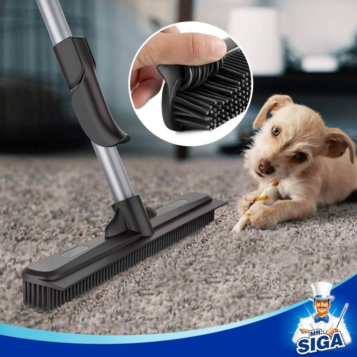 MR.SIGA Pet Hair Removal Rubber Broom with Built in Squeegee, 3 in 1 Floor Brush
