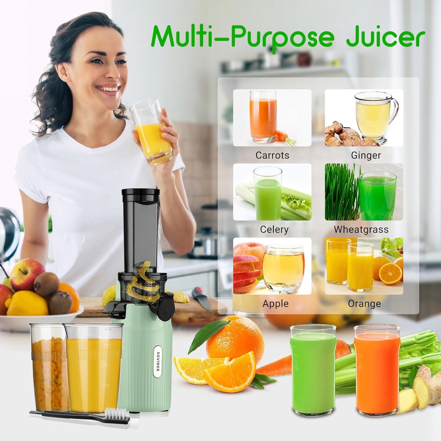 Electric Juicer Fruits Cold Press Squeezer Vegetable Processor Slow Masticating Juicer Machines 200W Slow Juicer Machine with Big Wide Chute and 800ml Juice Cup, BPA-Free