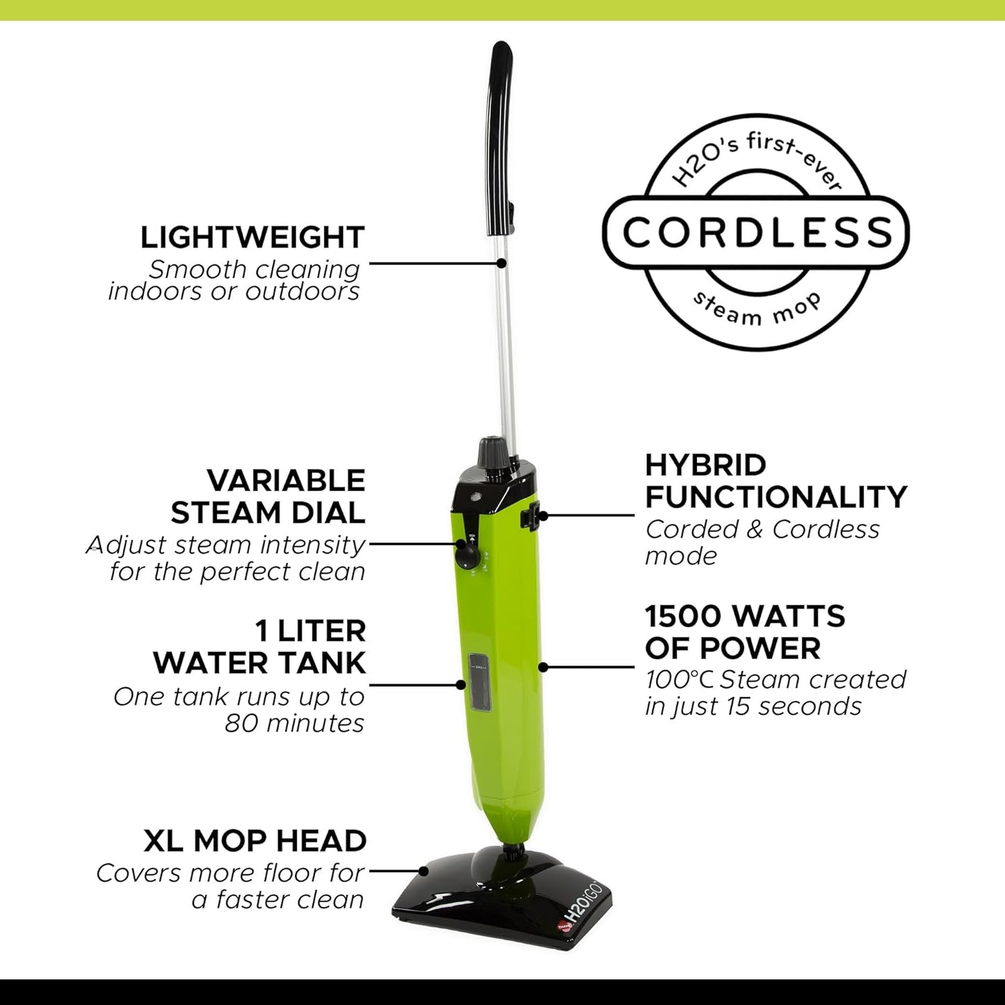 H2O iGO CORDLESS Indoor/Outdoor Steam Mop – for Floors, Carpets, Kitchens & Bathrooms