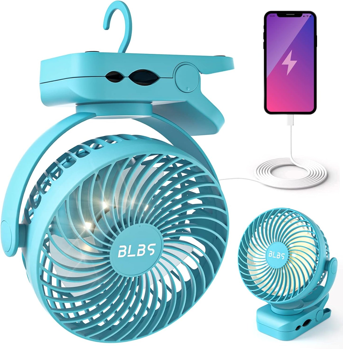 Camping Fan with LED Light - 12000mAh 65Hrs Battery Powered, Portable Rechargeable, Use As Power Bank, Clip On, Tent Fan for Camping, Camp Fan for Tent, Ceiling Fan for Tent RV Bed, Blue