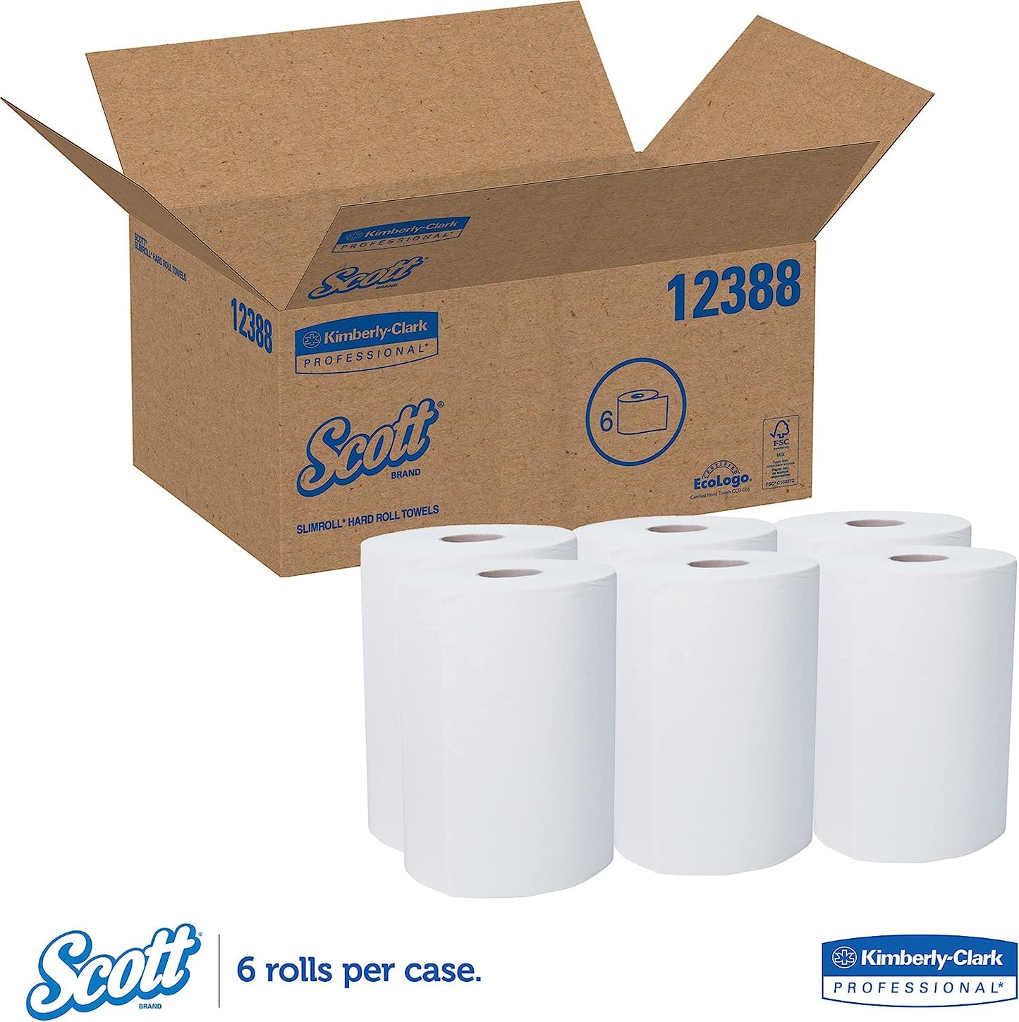 Scott Slimroll Hard Roll Paper Towels (12388) with Fast-Drying Absorbency Pockets, White, 6 Rolls / Case, 580' / Roll