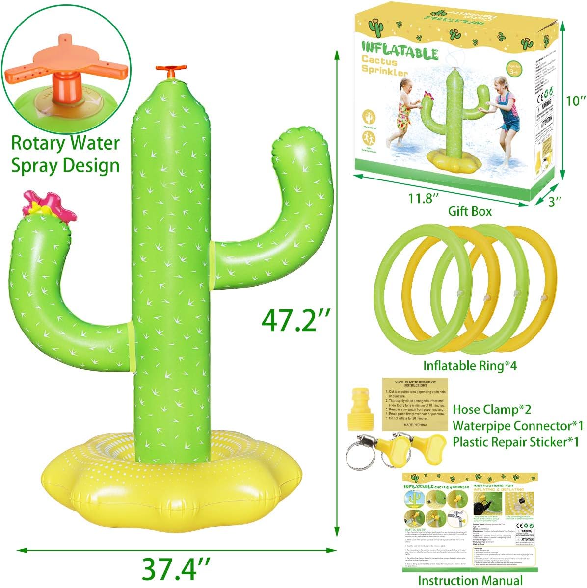 Boogem Sprinkler for Kids, Inflatable Cactus Water Toys for Boys Girls, Summer Outdoor Game with 4 Rings, Backyard Water Sprinkler Spray Toy Fun Gifts for Children Ages 3 4 5 6 Years and Up