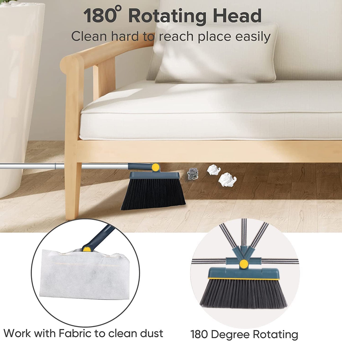 Broom and Dustpan Set, Long Handle Lightweight 180 Degree Rotating Broom Set