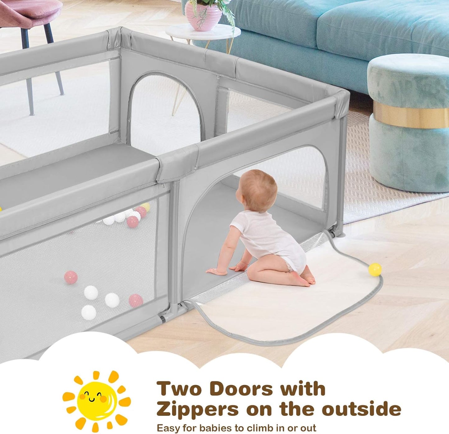 BABY JOY Baby Playpen, 205 x 147 cm Extra-Large Play Yard with 50 Ocean Balls & Carrying Bag, Portable Baby Play Activity Center, Indoor Outdoor Playpen...