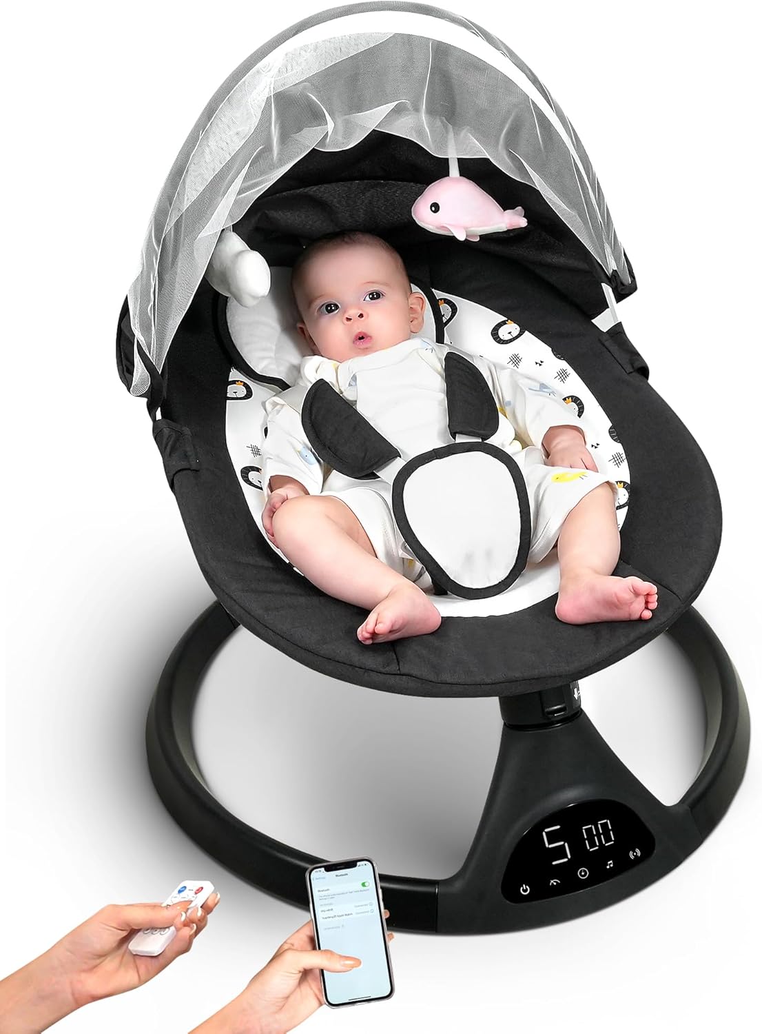 Electric Baby Swing for Infants to Toddler Portable Babies Swing Timing Function 5 Swing Speeds Bluetooth Touch Screen Music Speaker with 10 Preset Lullabies 5-Point Carabiner Black