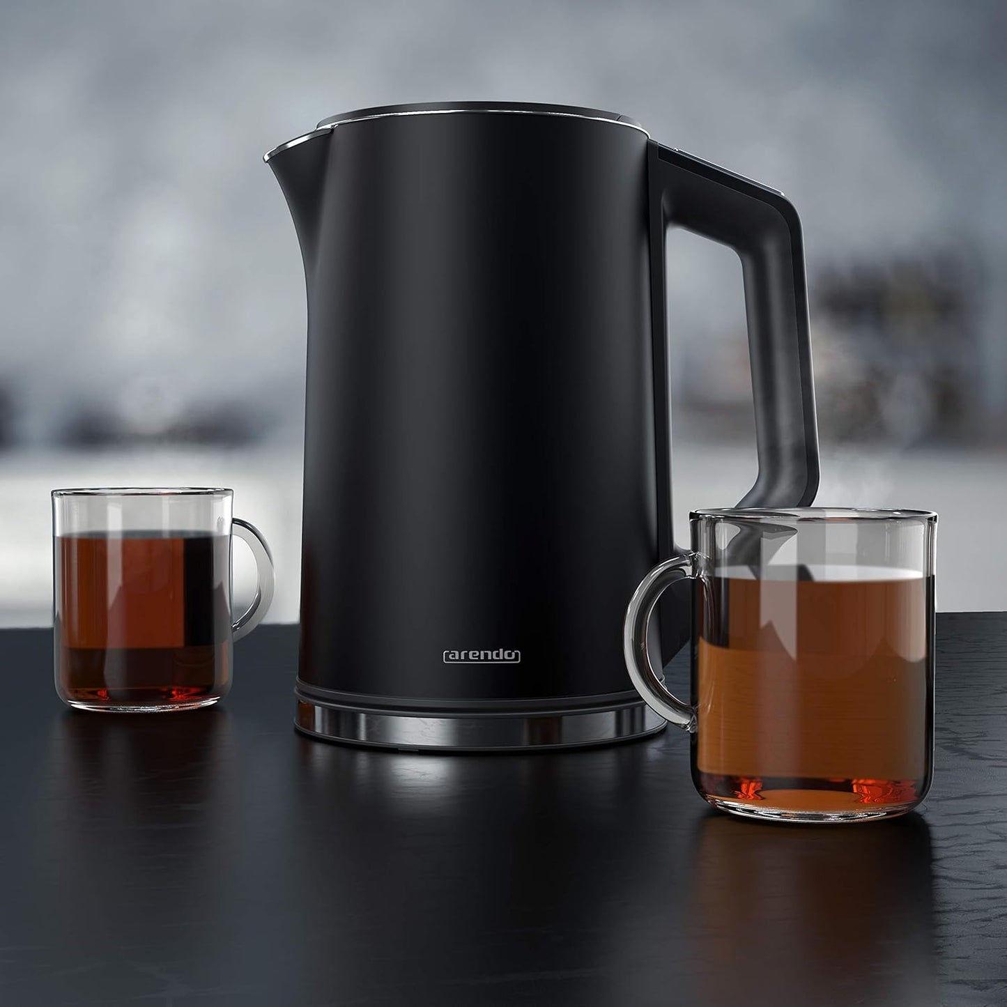 Arendo - Stainless steel kettle with temperature setting 40-100 degrees in 5 steps - Double wall design - Elegant model - 1.5 litres - 2200 W - Tea kettle with temperature display - GS - Black