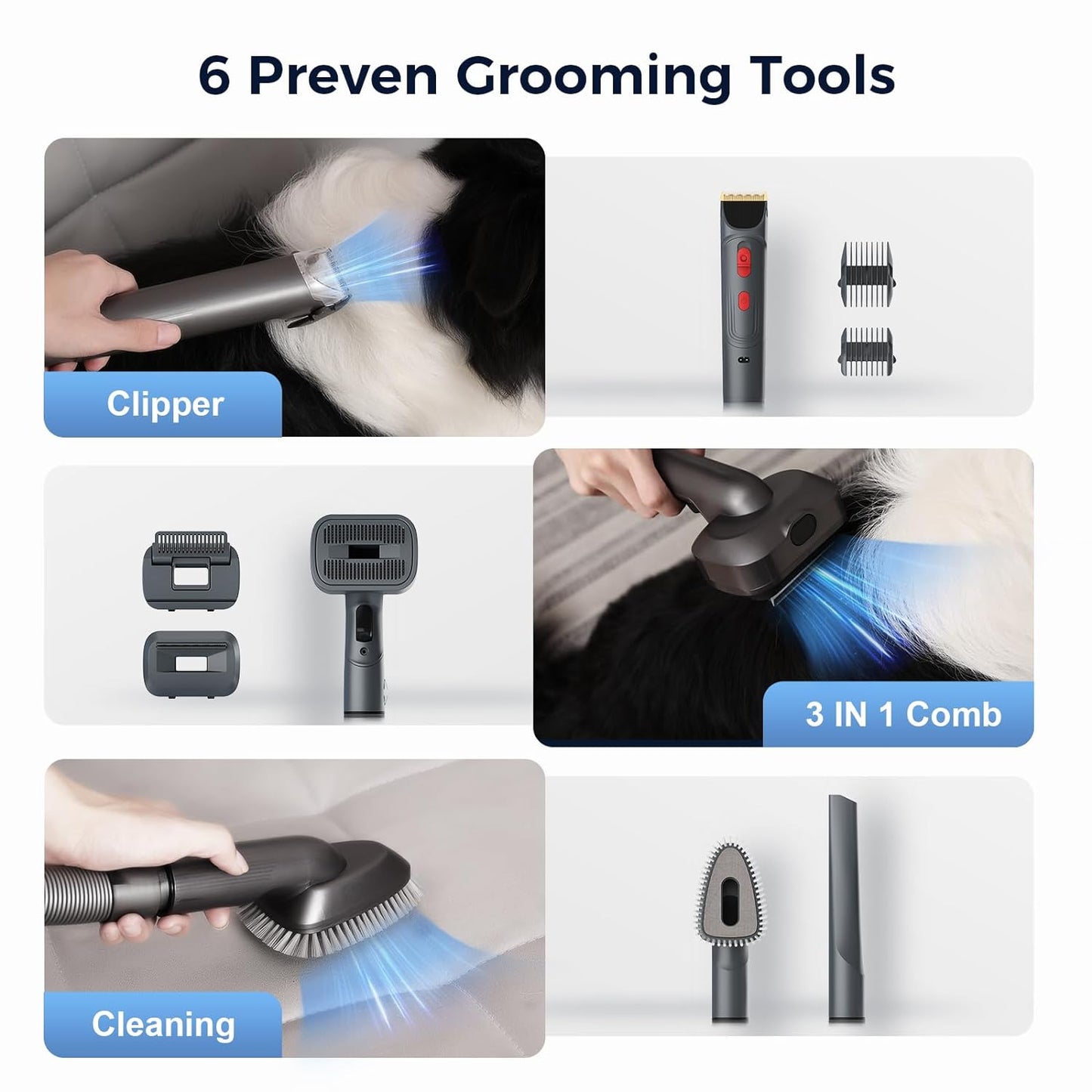 Grandtail Pet Grooming Vacuum & Dog Hair Vacuum,15kpa Dog Vacuum for Shedding Grooming with 8 Suction Mode and Large Dust Cup, Quiet 6 in 1 Dog Grooming kit for Shedding Pet Hair
