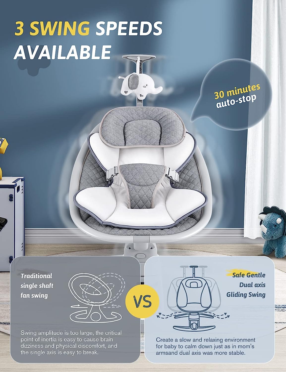 Baby Swings for Infants, Electric Portable Baby Swing by Remote 3 Swing Speeds and Music Speaker